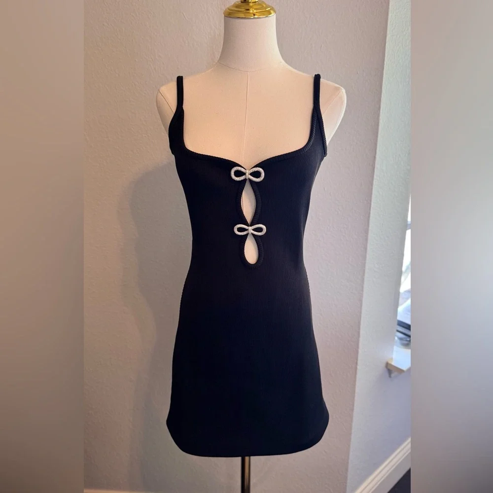 MACH & MACH Crystal Bow Ribbed Black Mini Dress - Picture 5 of 16